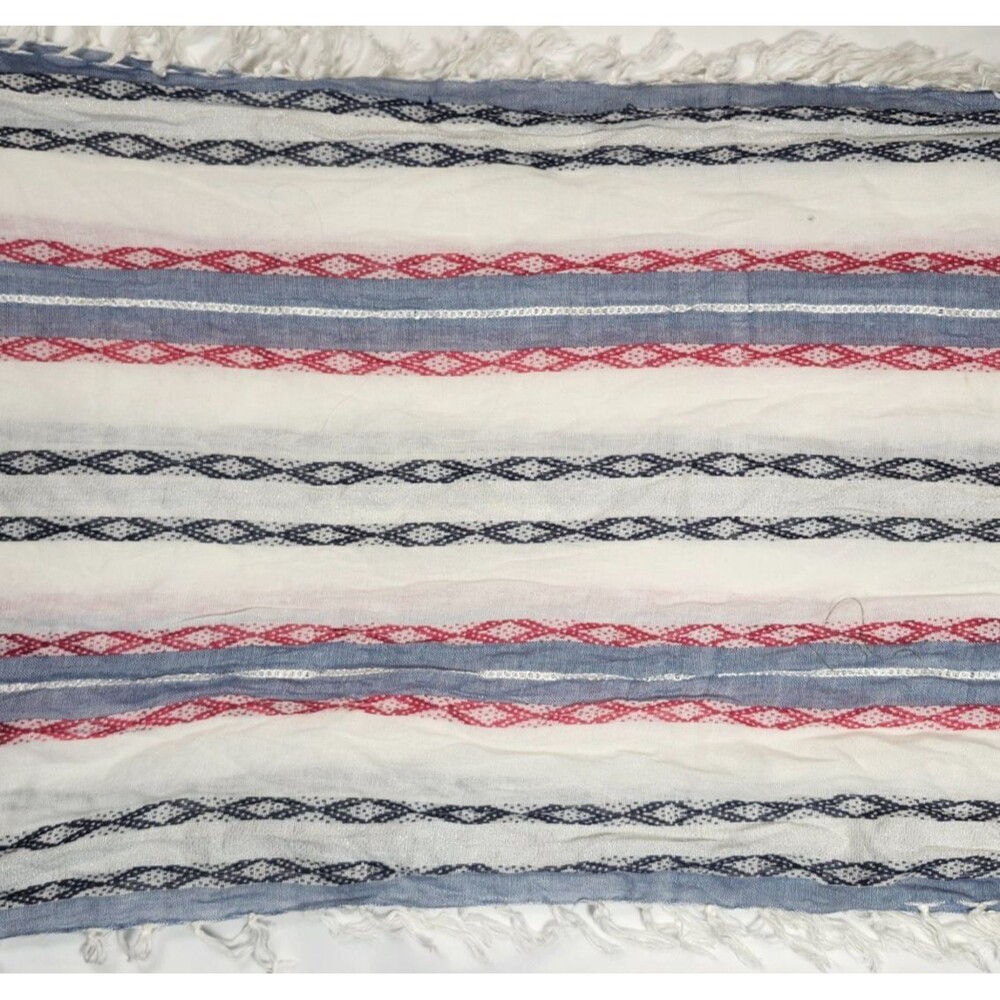 Red White Blue Geometric Gauzy Boho Fringe Infinity Scarf Metallic Shimmer 68x17